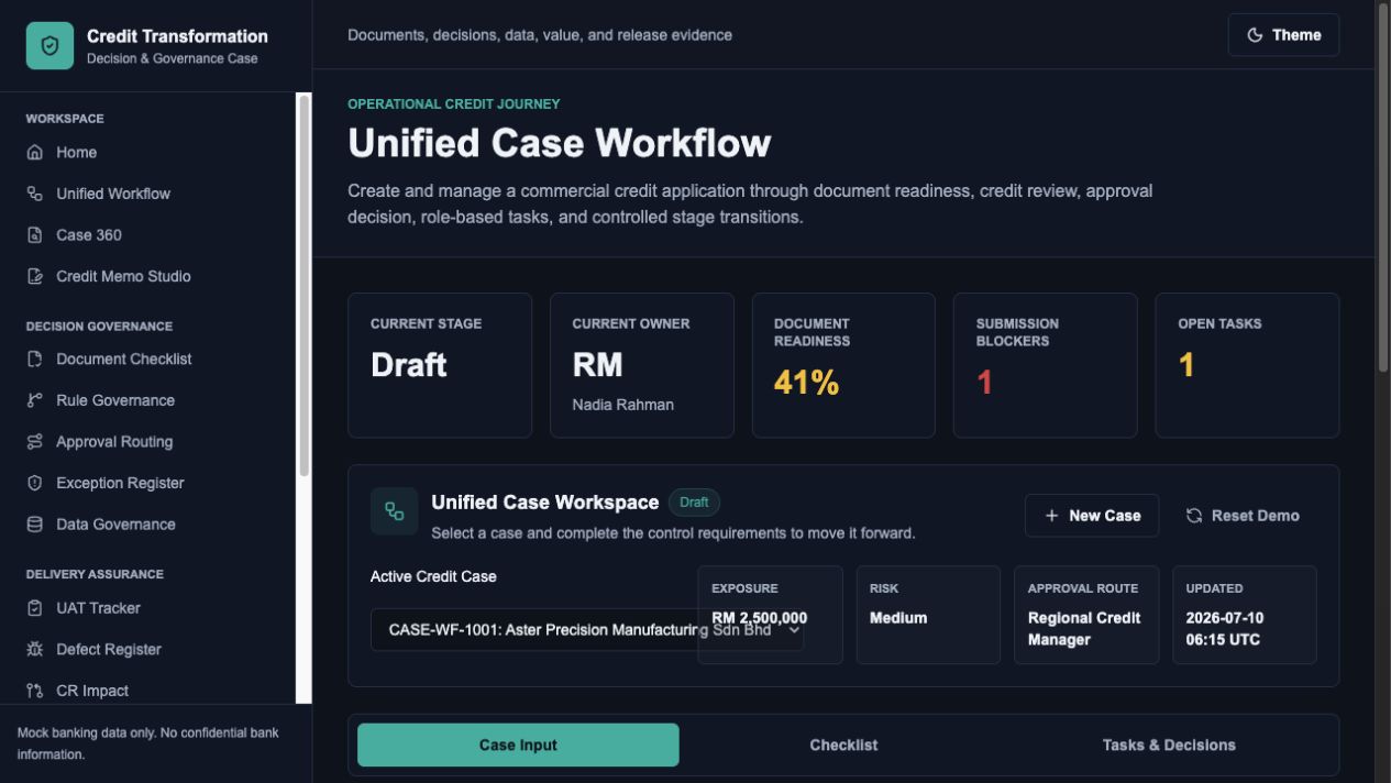CreditFlow unified commercial-credit case workflow using mock data
